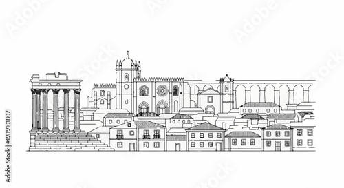 Black and white line drawing of a historic European city skyline with a cathedral and aqueduct