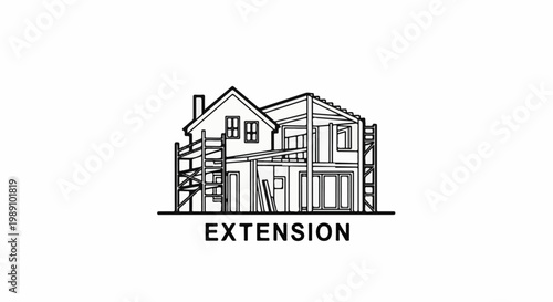 Black and white line drawing of a house undergoing construction and extension