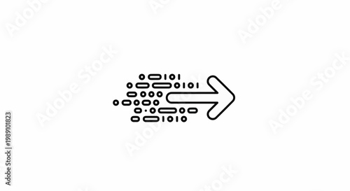 An arrow shape created from abstract dots and binary code, moving right