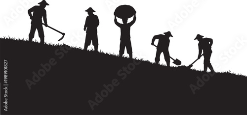 A silhouette of workers laboring on a hillside, capturing the grit and solidarity of International Workers' Day. A powerful tribute to those who build and sustain our world