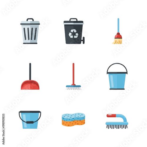 Collection of Cleaning Supplies and Tools Icons.