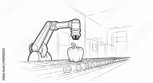 Automated food processing with robotic arm inspecting a bell pepper
