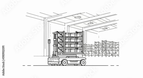 Automated warehouse cart transports goods stacked on shelves under industrial ceiling lights