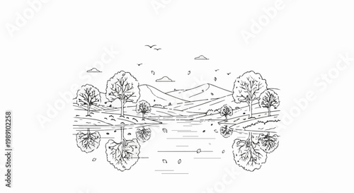 Autumnal landscape with trees reflected in calm water, hills, and sky