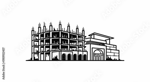 Black and white illustration of a building under construction