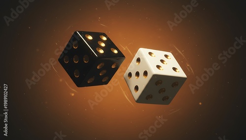 Dark and White Dice in Motion with Glowing Orbital Light