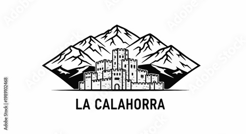 Black and white illustration of a castle against a mountain backdrop