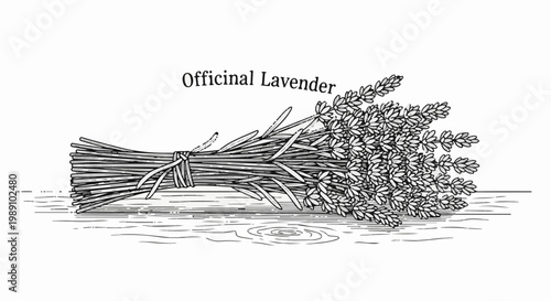 Black and white illustration of a bundle of medicinal lavender on a surface