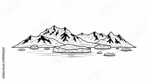 Black and white illustration of jagged mountain range and floating icebergs