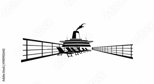 Black and white illustration of a cruise ship deck with lounge chairs and smoke