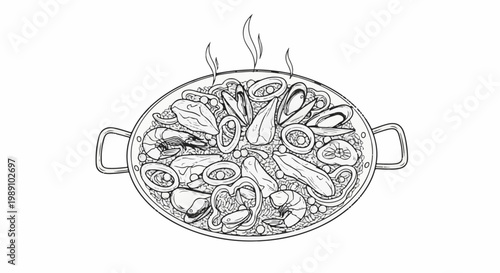 Black and white illustration of steaming seafood paella in a round pan