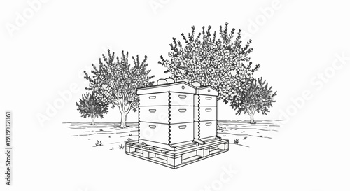 Black and white illustration of two stacked beehives on a pallet with trees