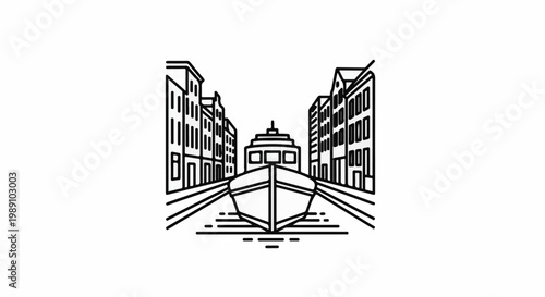 Boat sailing down a canal between buildings