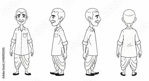 Cartoon character poses of a smiling man in traditional Indian attire from multiple angles