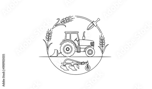 Tractor badge continuous line art vector farming agriculture logo minimalist outline editable stroke