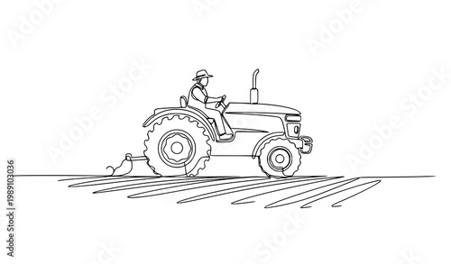 Farmer driving tractor continuous line art vector agriculture field harvest minimalist outline design