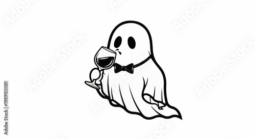 Cartoon ghost in bow tie sips wine from a glass