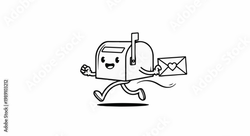 Cartoon mailbox character running with an envelope decorated with a heart