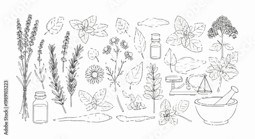 Botanical drawings of herbs, flowers, and apothecary tools