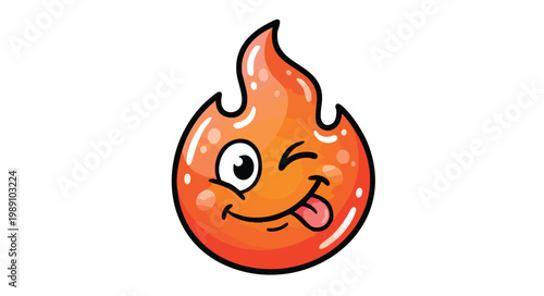 Playful cartoon flame character with winking face and tongue out