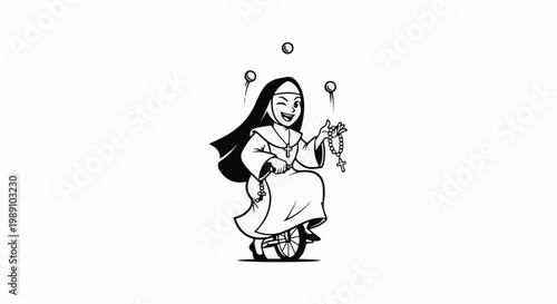 Cartoon nun joyfully juggles rosary beads while riding a unicycle