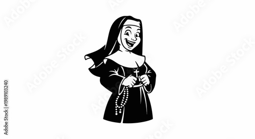 Cartoon nun with rosary, smiling and dressed in habit