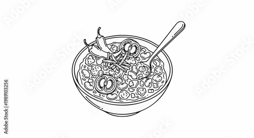 Bowl of stew with beans, tomatoes, chilies, and a spoon