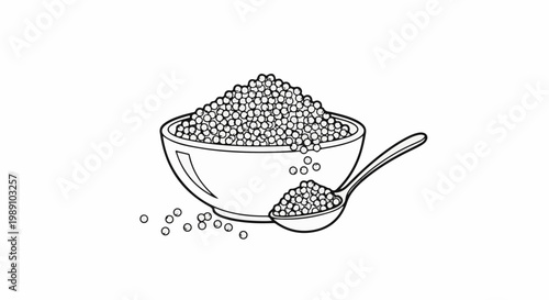 Bowl overflowing with tiny spheres, with a spoon of spheres