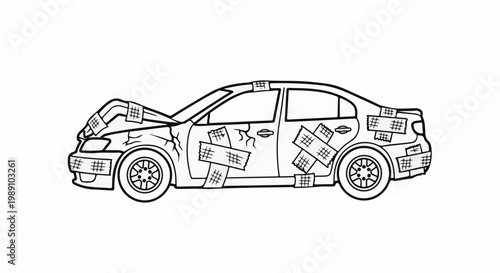 Cartoon of a damaged car repaired with bandages, showing dents and cracks