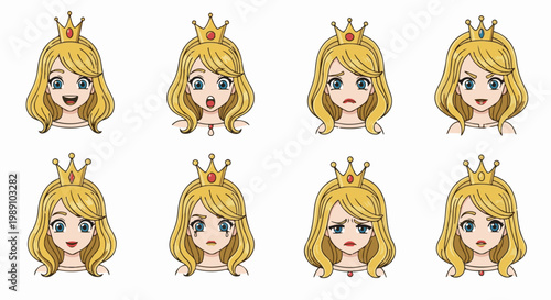 Cartoon princess faces showing diverse emotions with blonde hair and crowns
