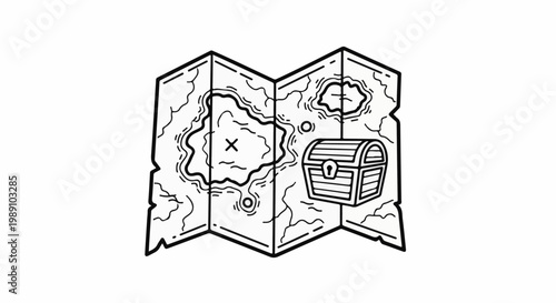 Cartoon treasure map with an X marking the spot and a wooden chest