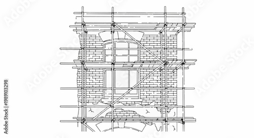 Building undergoing renovation with brickwork and scaffolding