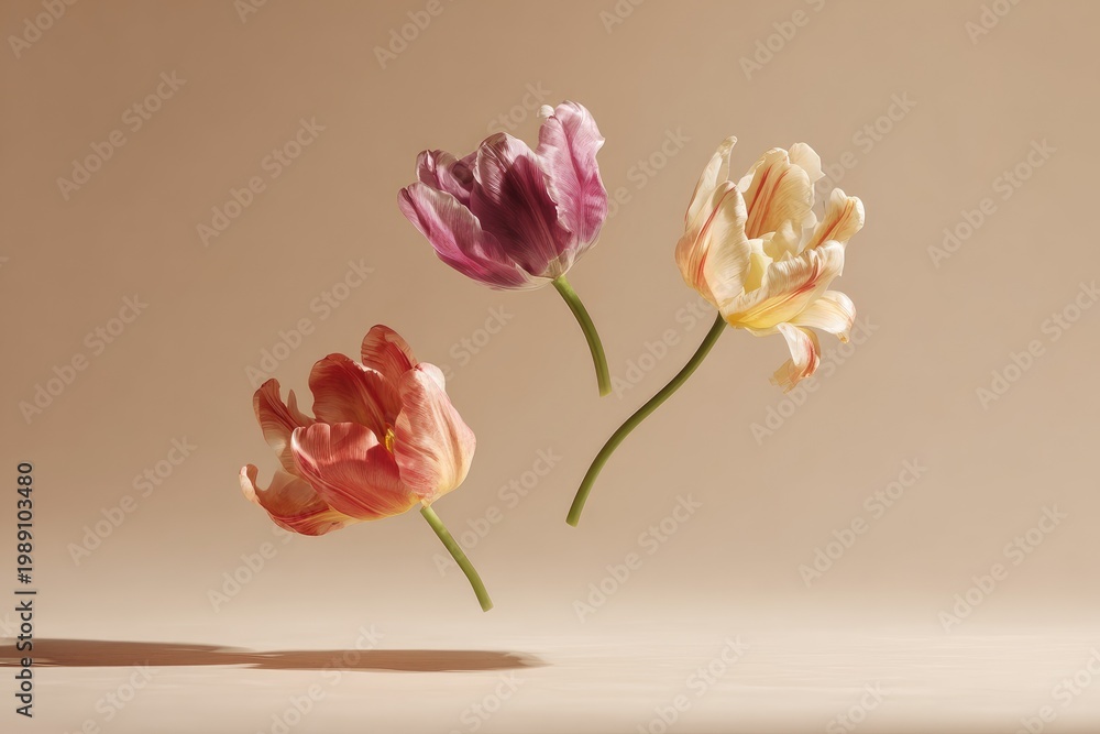 Fototapeta premium Three Delicate Tulips Floating in Mid-Air Against a Soft Background.