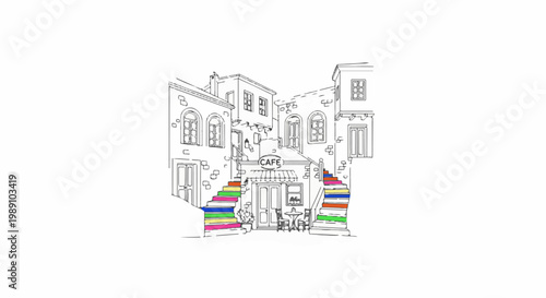 Charming sketch of a cafe entrance with colorful steps and historic architecture