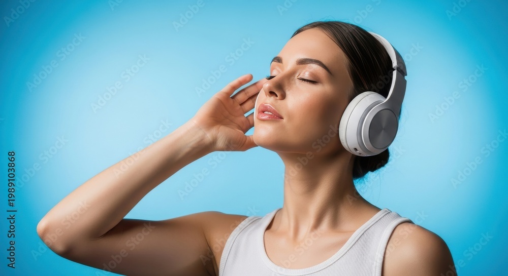 Fototapeta premium Young woman enjoying music with wireless over-ear headphones, eyes closed in relaxation against a bright blue background, experiencing calm and immersive sound