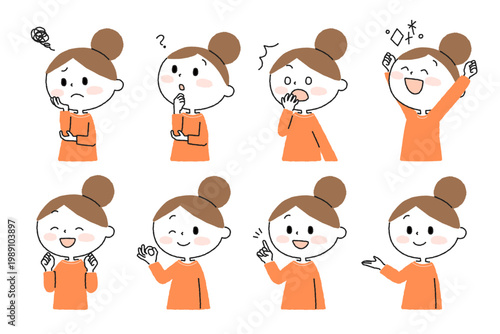 お団子ヘアの女性のイラストセット