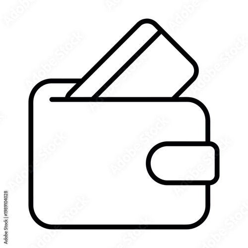 Minimalist black line icon of a wallet with a credit card sticking out, representing finance, banking, and electronic payment methods on a white background.