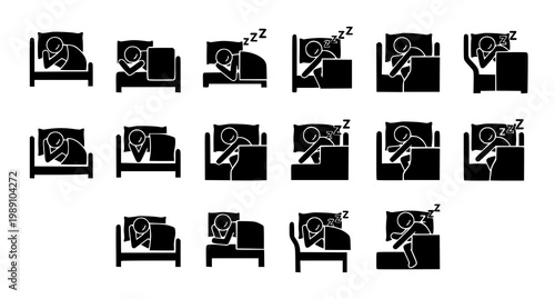 Sleep and rest icon set hotel lifestyle symbols bed pillow moon vector illustration isolated on white