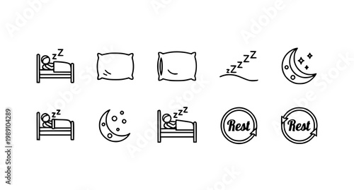 Sleeping people icon set healthy lifestyle rest and bed vector illustration silhouette isolated on white