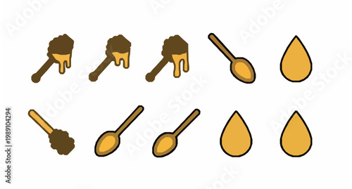 Honey spoon dipper and syrup icons vector set natural sweet food pictogram illustration isolated on white