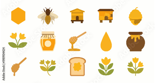 Honey icon set bee hive honeycomb jar syrup toast flowers organic food vector illustration isolated on white