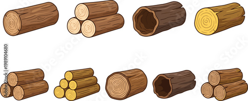 Wood Log Collection with Cut Tree Trunks, Timber Pieces and Firewood Stacks for Forestry, Lumber Industry and Rustic Design Vector Illustration Set