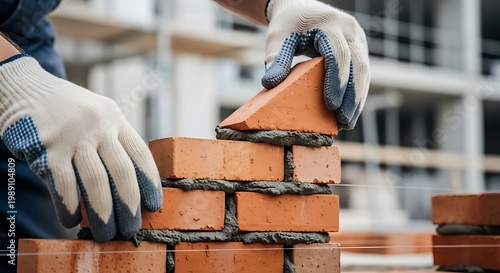 Skilled Mason Laying Brick Wall on Construction Site