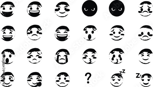 3D glossy emoji icon set with expressive facial emotions and yellow avatar characters for interface design