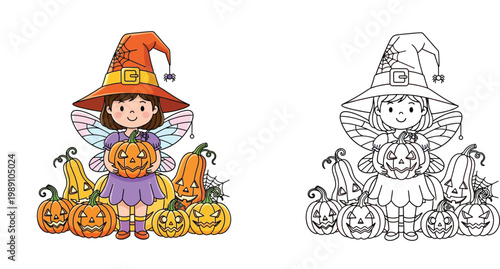 Cute Little Fairy Witch with Halloween Pumpkins and Jack-o'-lanterns - Colored and Line Art Coloring Page Vector Illustration for Kids