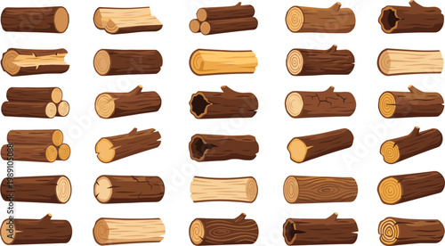 Wood Log Set with Various Tree Trunks, Cut Timber Pieces and Firewood Elements for Forestry, Lumber Industry and Rustic Design Vector Illustration Collection