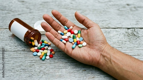 Hand holding a collection of diverse pills and capsules with a brown medicine bottle spilling its contents nearby.