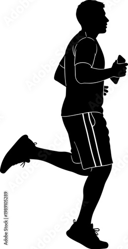 Black silhouette of a man running and jogging isolated on white background, athletic male figure exercising for fitness and health.