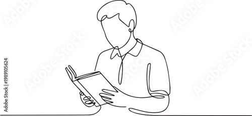 Continuous line drawing of a man reading a book in a simple style