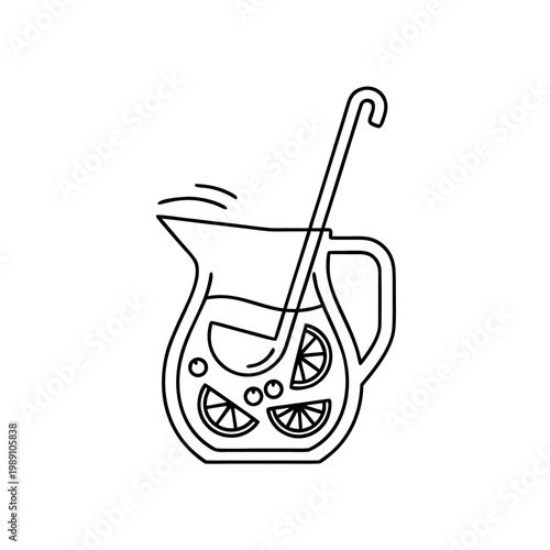 Line art of a pitcher of sangria with fruits and ladle  